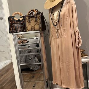 Pleated champagne mid length dress casual adding tights summer and into fall